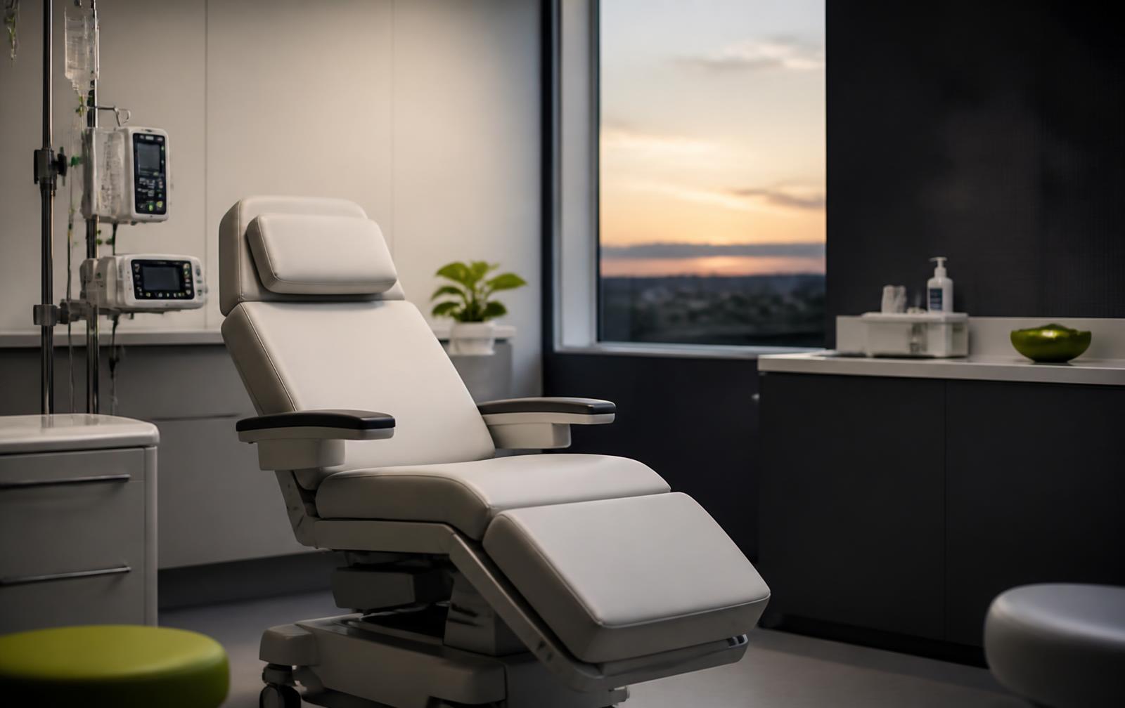 Clinical treatment room with a single reclining chair and monitoring equipment at dusk